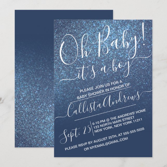 Chic Blue Sparkly Glitter Ombre Baby Shower Inbjudningar (Fram/baksida)