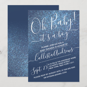 Chic Blue Sparkly Glitter Ombre Baby Shower Inbjudningar
