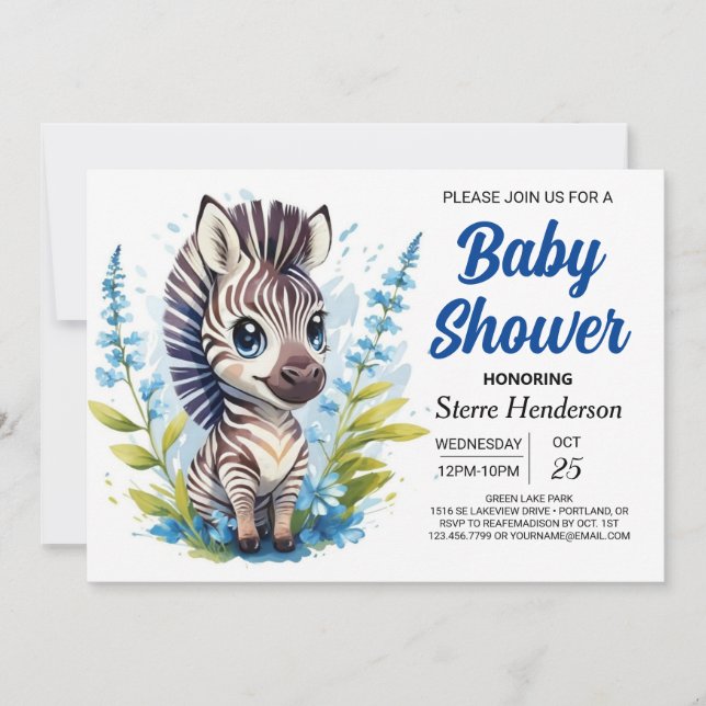 Chic Blue Surprise Zebra Boy Shower Inbjudningar (Framsida)