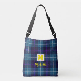 Chic Blue Tartan Personlig Monogram Script Namn Axelväska