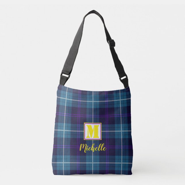 Chic Blue Tartan Personlig Monogram Script Namn Axelväska (Framsida)