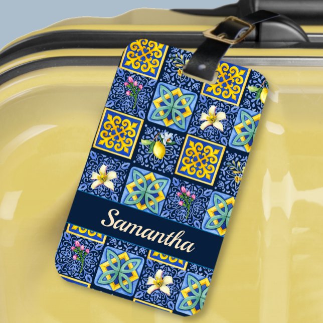 Chic Blue teal Sicilian citrus Mediterranean Bagagebricka (Skapare uppladdad)