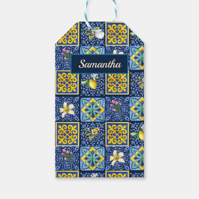 Chic Blue teal Sicilian citrus Mediterranean Presentetikett (Framsidan)