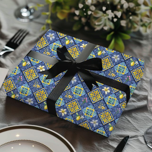 Chic Blue teal Sicilian citrus Mediterranean Presentpapper (Skapare uppladdad)