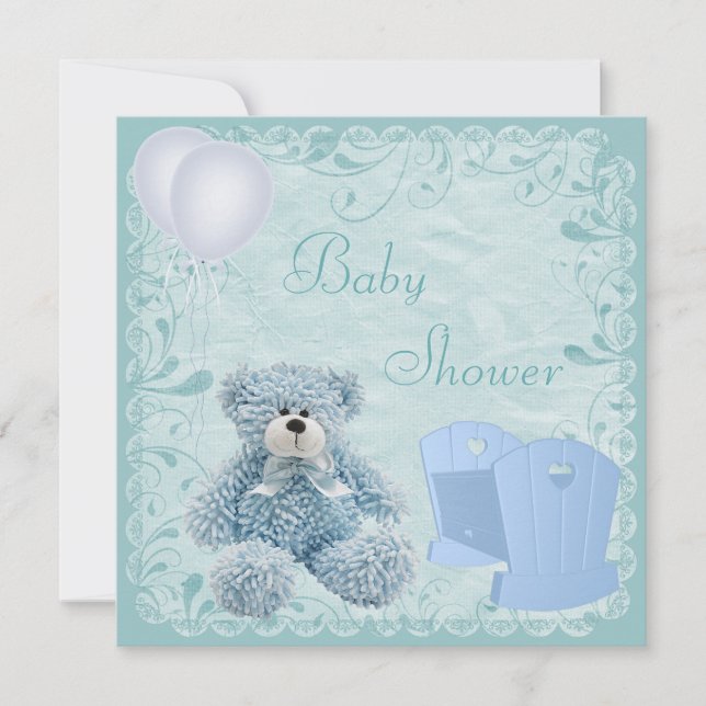 Chic Blue Teddy & Crib Pojke Shower Inbjudningar (Framsida)