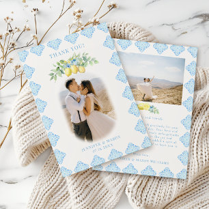 Chic Blue Tile Lemon Bröllop Photo Tack Kort