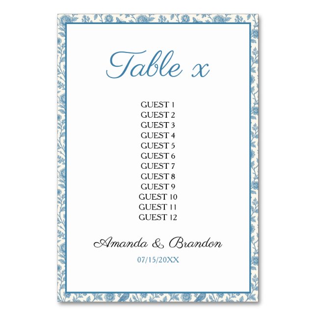 Chic Blue Toile de Jouy Blommigt Gräns Bröllop Bordsnummer (Framsidan)