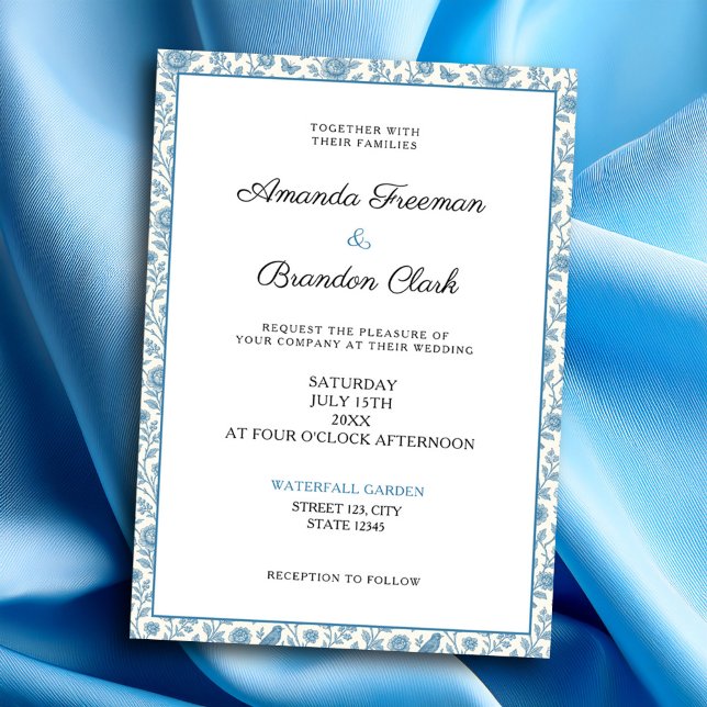 Chic Blue Toile de Jouy Blommigt Gräns Bröllop Inbjudningar (Skapare uppladdad)