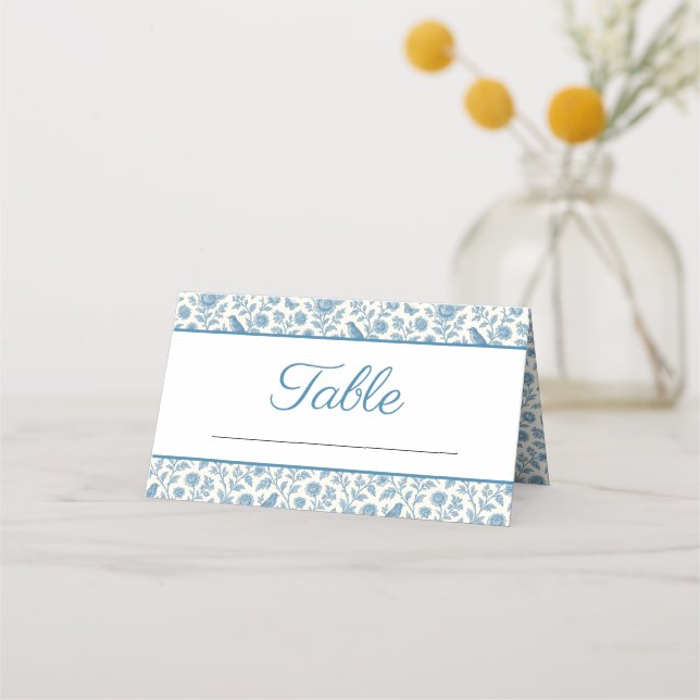 Chic Blue Toile de Jouy Blommigt Gräns Bröllop Placeringskort (Framsida)