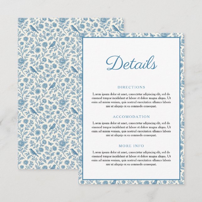 Chic Blue Toile de Jouy Blommigt Gräns Bröllop Tilläggskort (Fram/baksida)