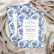 Chic Blue Toile de Jouy Elegant Wedding Invitation
