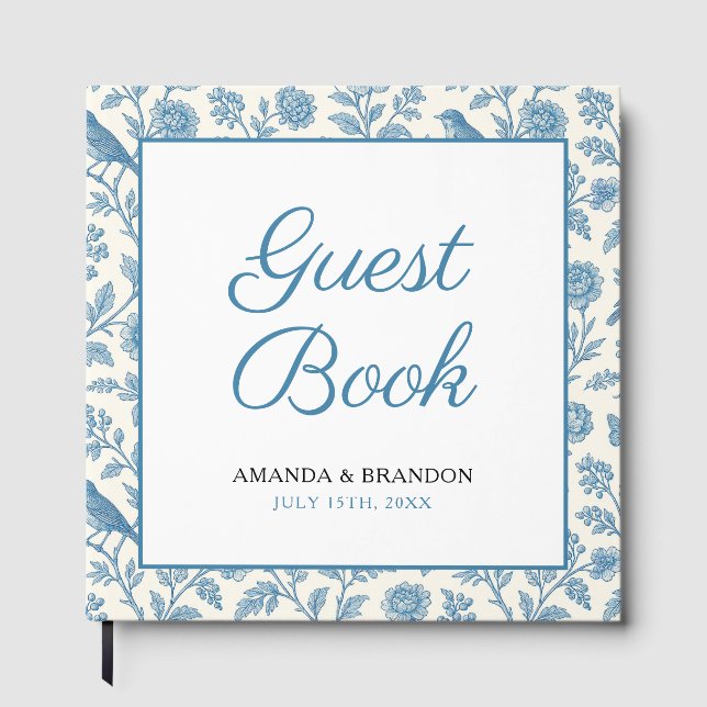 Chic Blue Toile de Jouy Floral Border Wedding Gästböcker (Framsida)