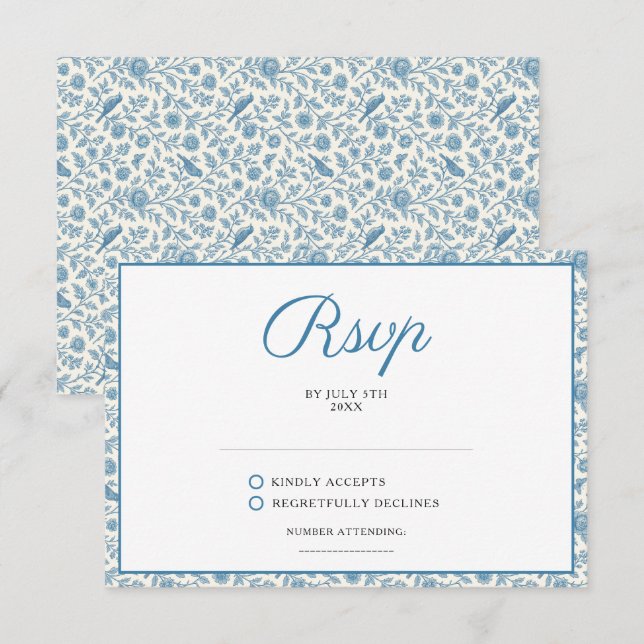 Chic Blue Toile de Jouy Floral Border Wedding OSA Kort (Fram/baksida)