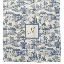 Chic Blue Toile de Jouy Village Scene