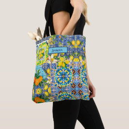 Chic blue turquoise sicilian citrus floral tiles tygkasse