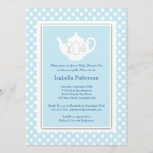 Chic Blue Vit Tekanna Babykläder Tea Party Inbjudningar