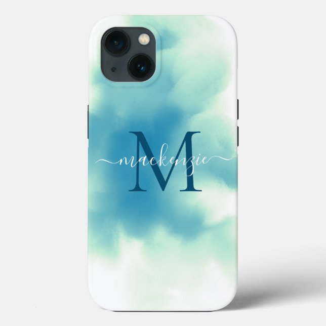 Chic Blue Watercolor Abstrakt Monogrammed (Baksida)