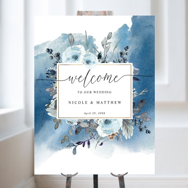 Chic Blue Watercolor Blommigt Bröllop Välkomstteck Poster (Skapare uppladdad)