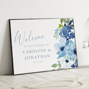 Chic Blue Watercolor Blommigt Personligt bröllp Vä Poster