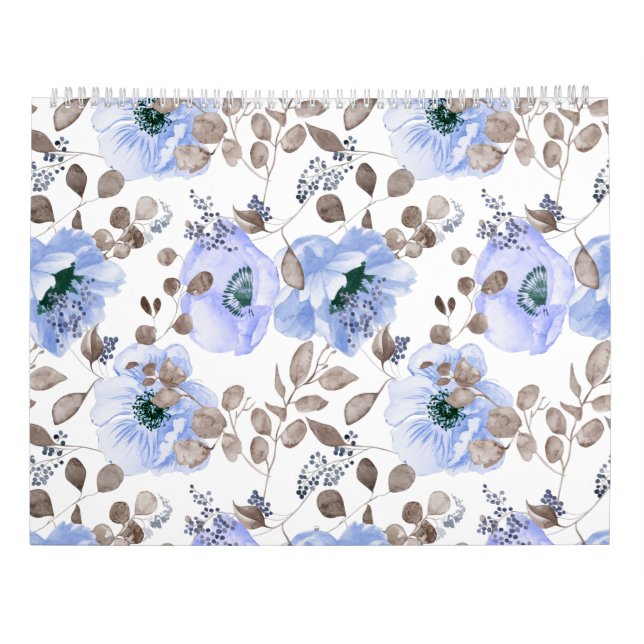 Chic Blue Watercolor Flowers Kalender (Baksida)