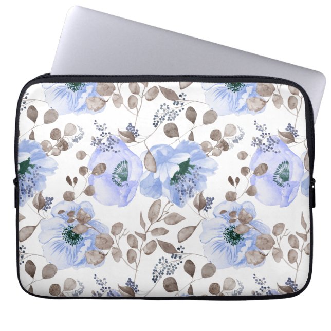 Chic Blue Watercolor Flowers Laptop Fodral (Framsidan)