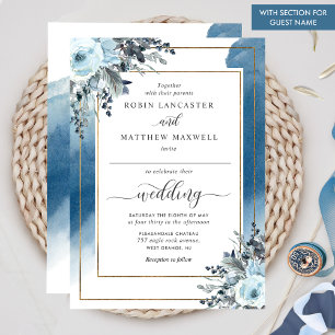 Chic Blue Watercolor och Blommigt Guest Namn Bröll Inbjudningar