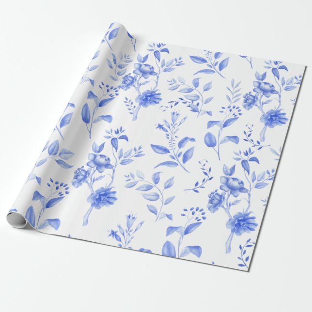 Chic Blue White Chinoiserie Blommigt Porcelain Presentpapper (Utrullad)