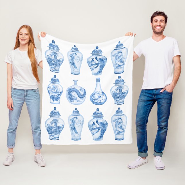 Chic Blue White Chinoiserie Porcelain Ginger Burk Fleecefilt (På plats)