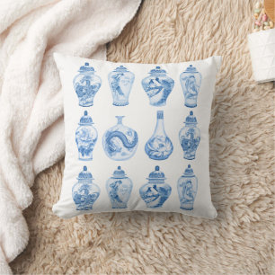 Chic Blue White Chinoiserie Porcelain Ginger Burk Kudde