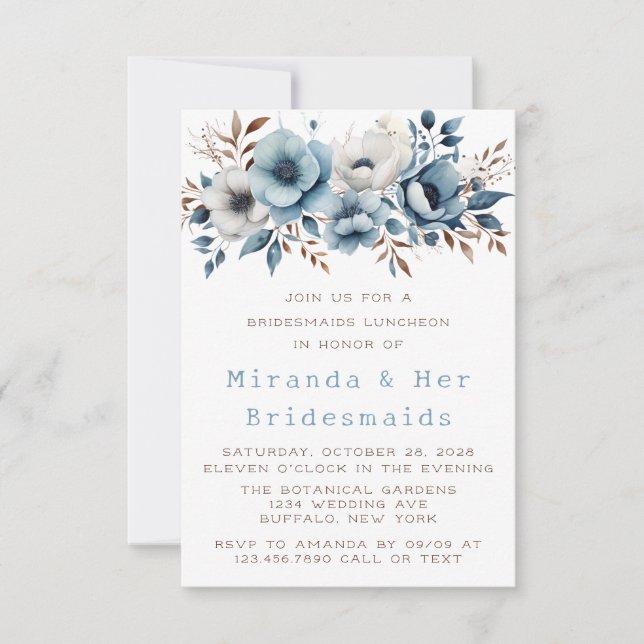 Chic Blue White Flower Bridesmaids Luncheon Inbjudningar (Framsida)