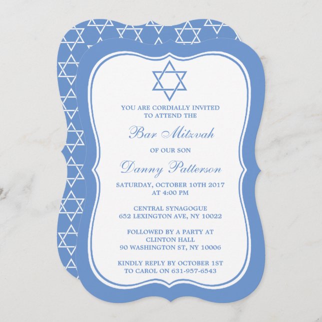 Chic Blue & White Jewish Star of David Pub Mitzvah Inbjudningar (Fram/baksida)