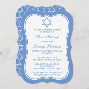 Chic Blue & White Jewish Star of David Pub Mitzvah Inbjudningar
