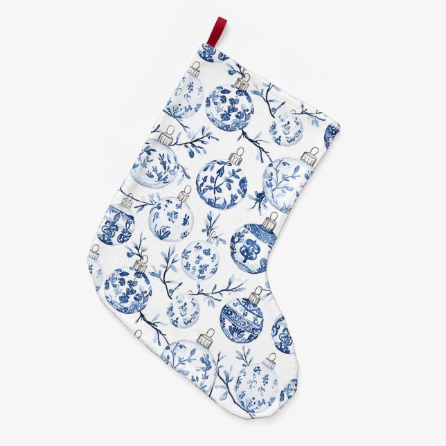 Chic Blue White jul Ornaments Stor Julstrumpa (Framsidan (Hängande))