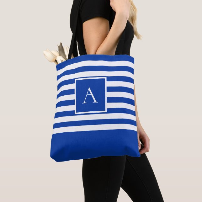 CHIC BLUE WHITE RAND Square Brev Monogram Tygkasse (Närbild)