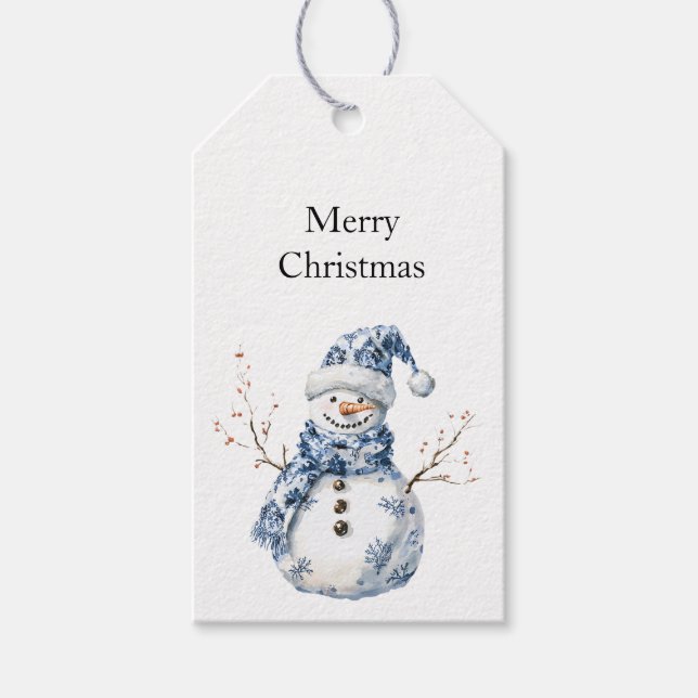 Chic Blue White Snögubbe jul Presentetikett (Framsidan)