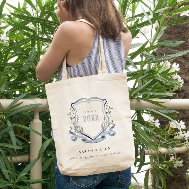 Chic Blue Wildblomma Watercolor Vapensköld Student Tygkasse (Skapare uppladdad)