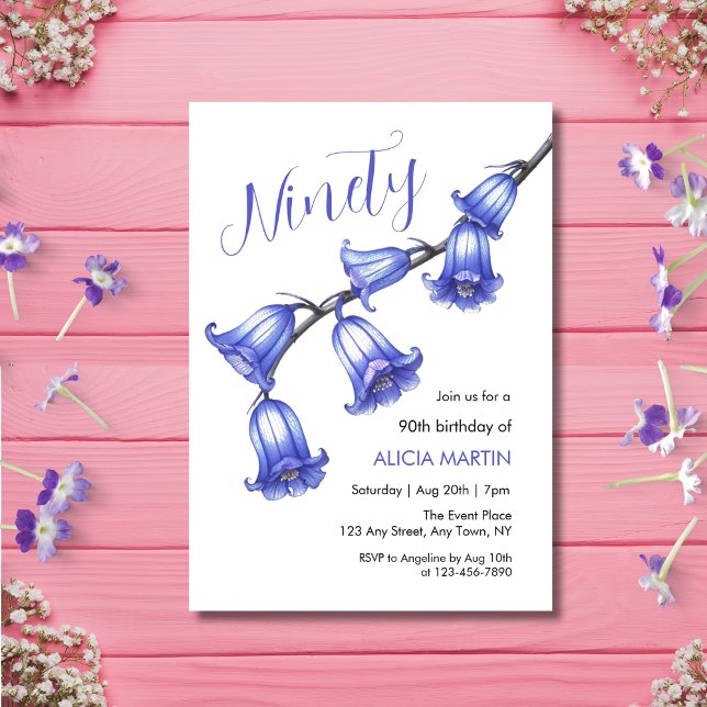 Chic Bluebell Flower Blommar 90:e Birthday Inbjudningar (Skapare uppladdad)