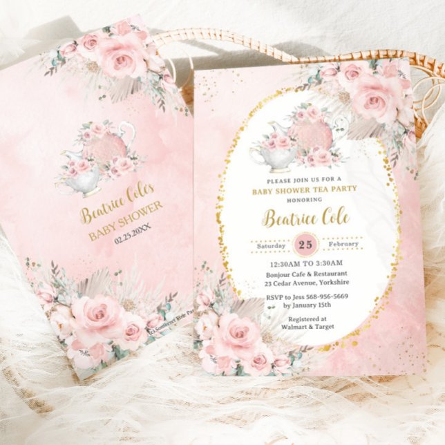 Chic Blush Blommig Pampas Tekonferens Baby Shower  Inbjudningar (Skapare uppladdad)