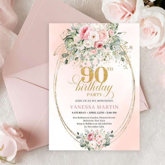 Chic Blush Floral Greenery 90th Birthday Invite Inbjudningar (Chic Blush Floral Greenery 90th Birthday Invitation)