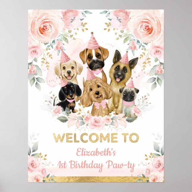 Chic Blush Gold Puppies Pet Dogs Birthday Welcome Poster (Framsidan)