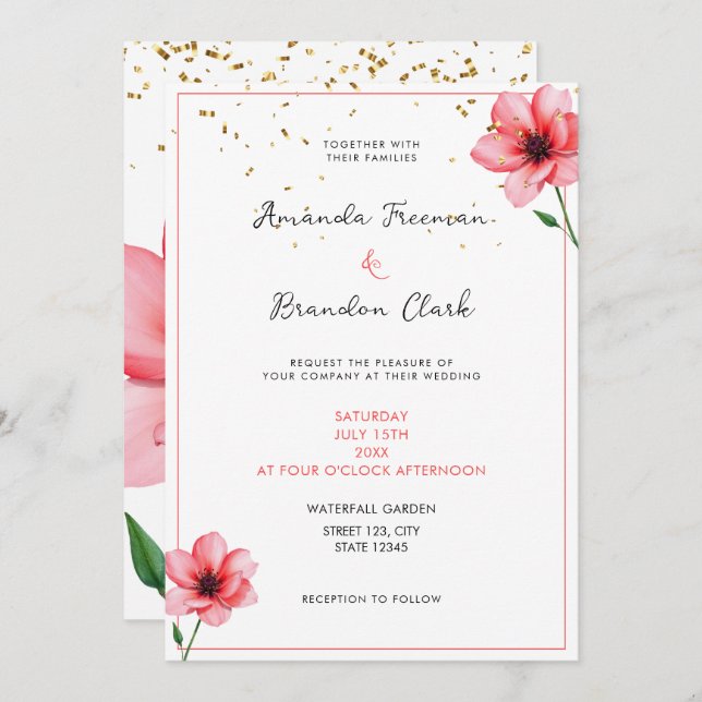 Chic Blush Pink Floral Confetti Frame Wedding Inbjudningar (Fram/baksida)