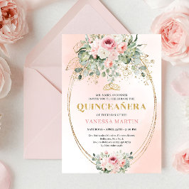 Chic Blush Pink Floral Gold Quinceañera Boho Invit Inbjudningar