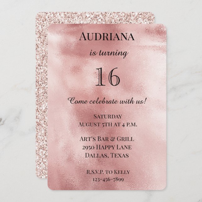 Chic Blush Pink Glam Glitter Birthday Inbjudningar (Fram/baksida)