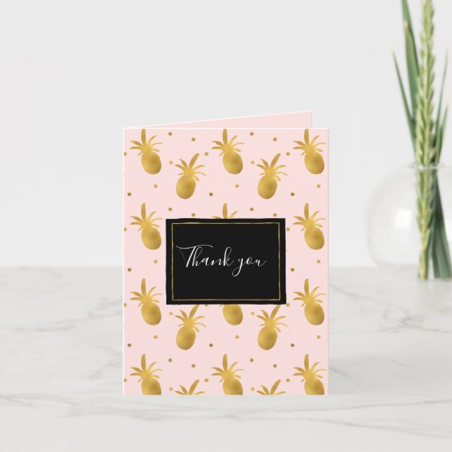 Chic Blush Pink Gold Pineapples and Dots Thank you Tack Kort (Framsida)