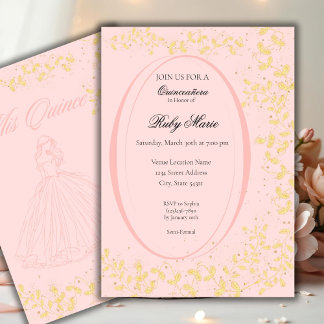 Chic Blush Pink & Gold Quinceanera Invitation Inbjudningar