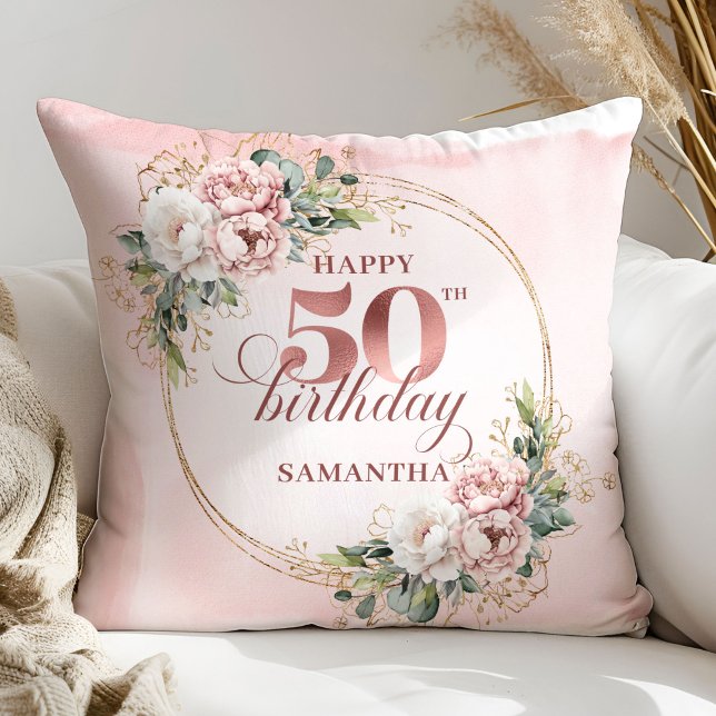 Chic Blush Pink Greenery 50th Birthday Pillow Gift Kudde (Chic Blush Pink Greenery 50th Birthday Pillow Gift)
