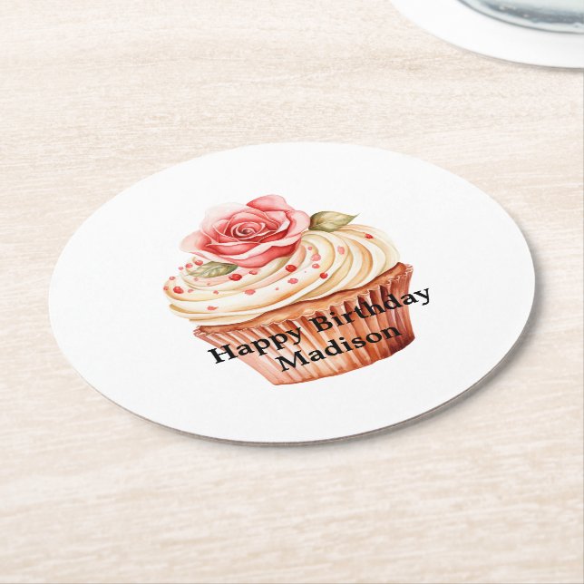 Chic Blush Pink Rose Cupcake Birthday Underlägg Papper Rund (Vinklad)