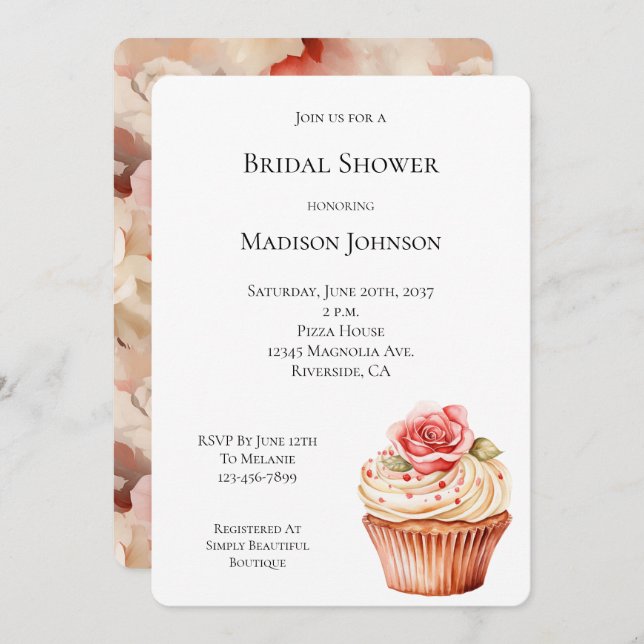 Chic Blush Pink Rose Cupcake Bridal Shower Inbjudningar (Fram/baksida)