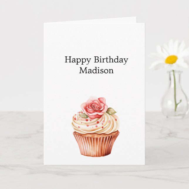 Chic Blush Pink Rose Floral Cupcake Birthday Kort (Liten växt)