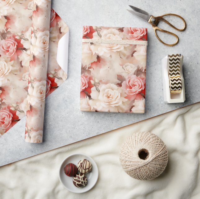 Chic Blush Pink Roses Floral Hearts Bridal Shower Presentpapper (Hantverk)